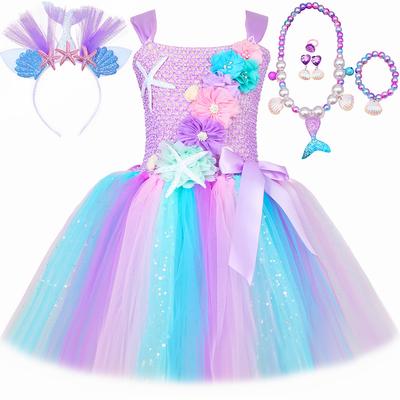 Princess Mermaid Dress for Girls Pastel Flowers Birthday Party Tutu Dresses Halloween Little Mermaid Costume for Kids Clothes