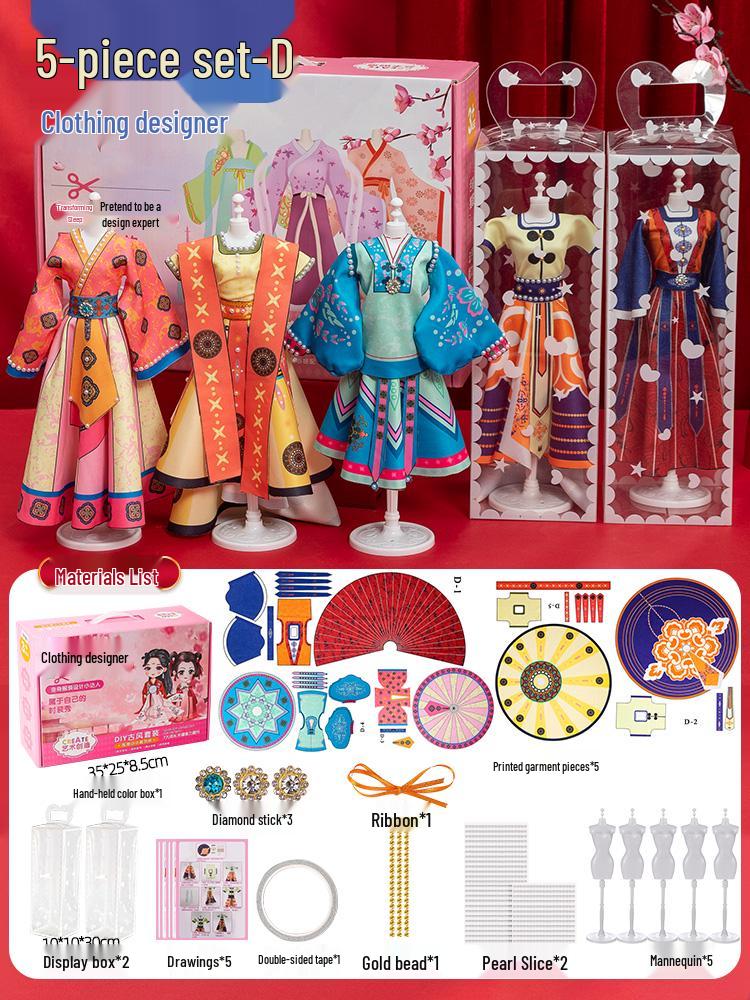 Children's DIY Fashion Design Hanfu Doll Set - Birthday Gift for Girls Ages 6-10, Features 7 Chinese Style Dress-Up Options