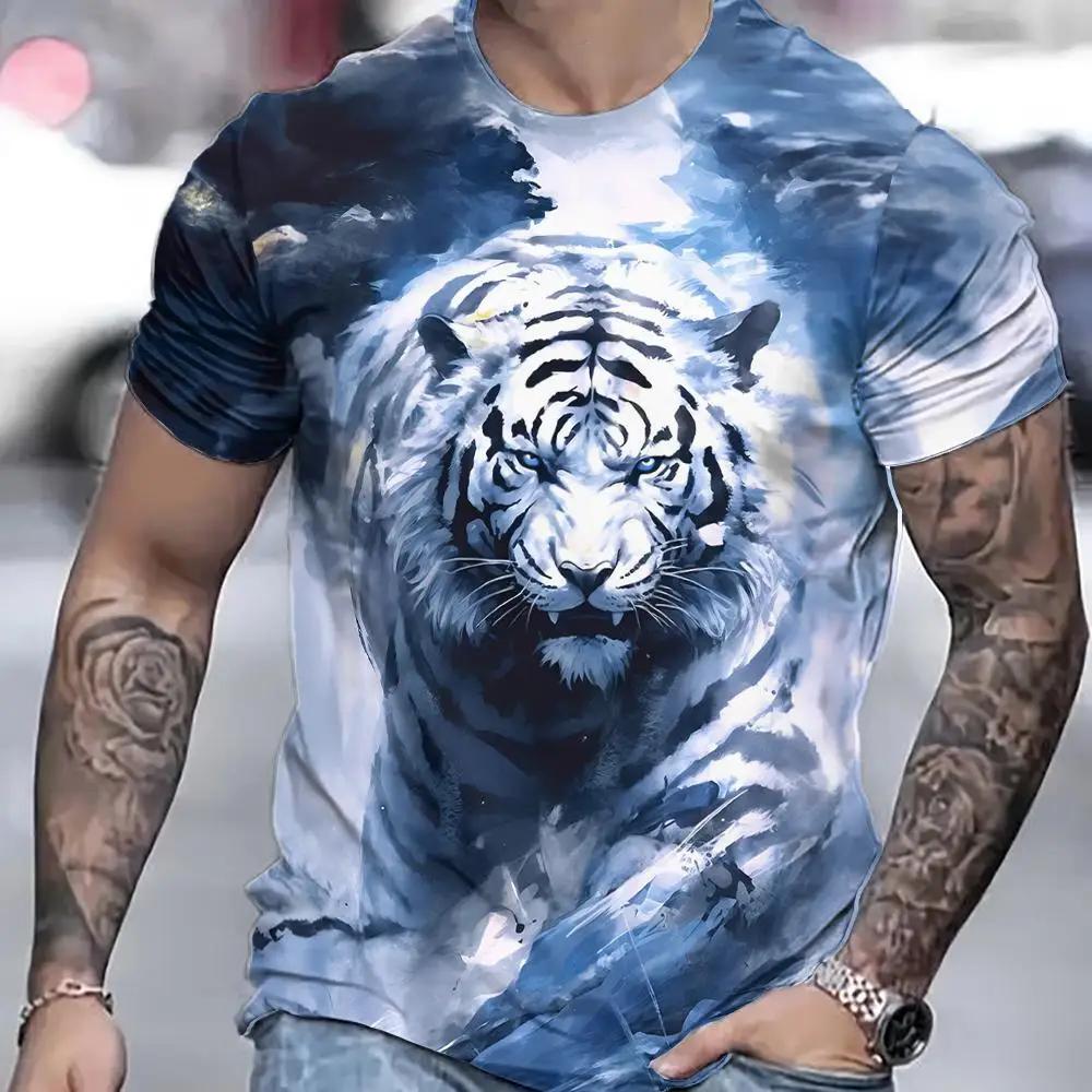 Tiger For Men 3D Animal 3D Print Summer Short Sleeved Pullover Oversized Top Casual