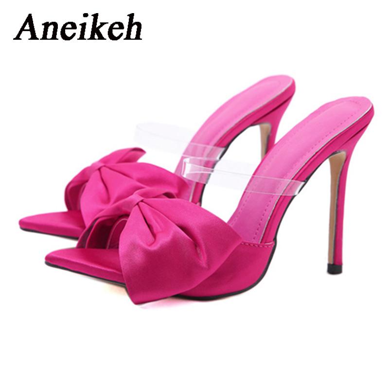 

Aneikeh Летние шелковые мюли с бантом, женские босоножки на высоком каблуке, туфли-лодочки, сексуальные с острым носком, с ремешком на пятке, женская обувь для вечеринок 35-42 37