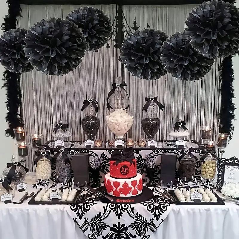9 Pièces Décor Mural Noir pour Fête Décorations de Fête de Mariage Halloween Boule de Fleurs 3D Anniversaire Ensemble Boules de Fleurs en Papier Décoration de Maison
