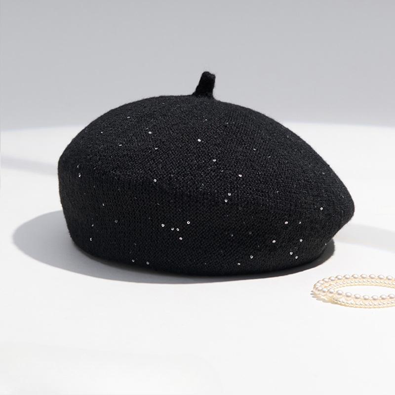 Autumn and Winter British Style Sequin Knitted Beret Hat for Women Korean Versatile Warm Hat Fashionable Casual Painter Hat Trendy
