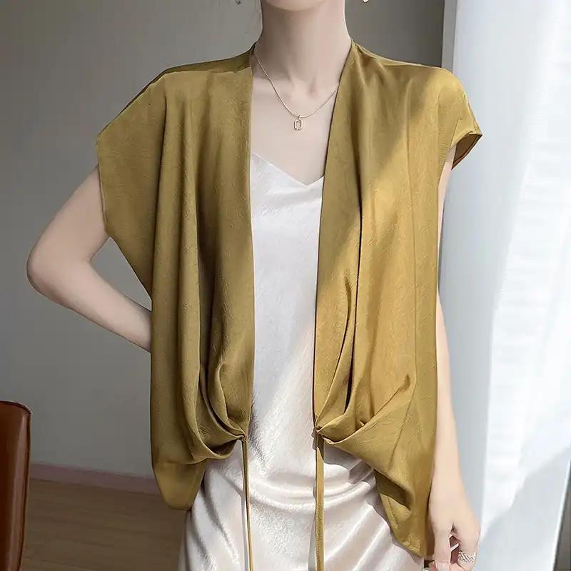 Spring Women Sleeveless Drawstring Cardigan Loose Lightweight Cover Up