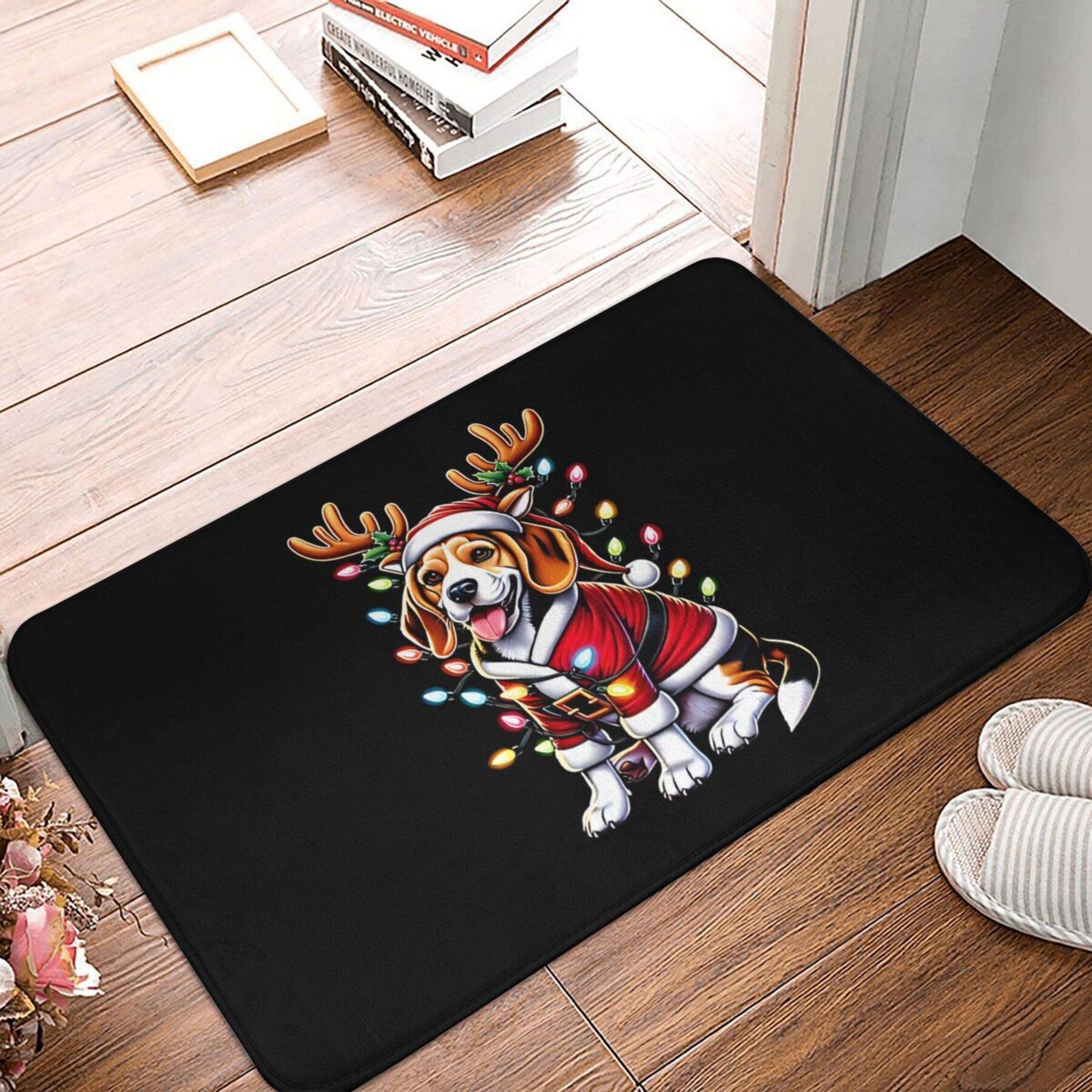 

Santa hat beagle with reindeer horn and lamp doormat, Christmas themed print, indoor bedroom carpet 40x60cm