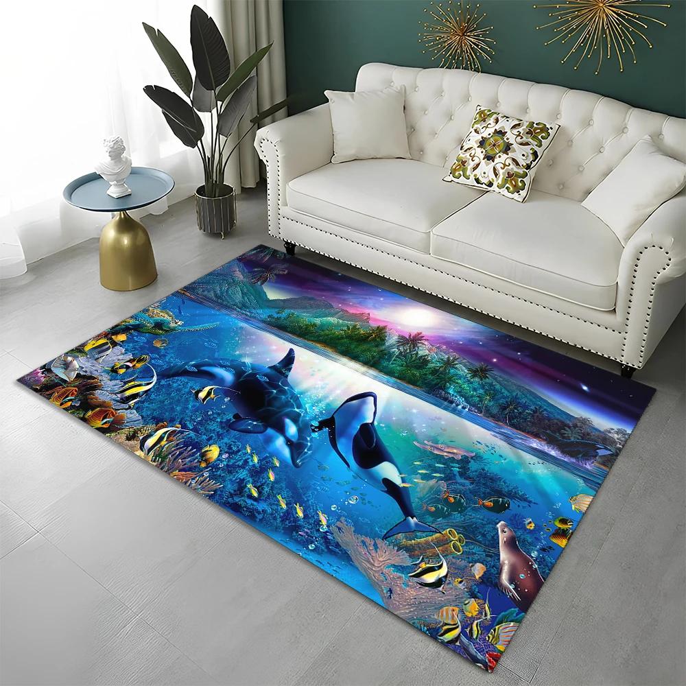 3D Underwater World Seabed Fish Carpet Rug for Home Living Room Bedroom Sofa Doormat Decor,kids Play Area Rug Non-slip Floor Mat