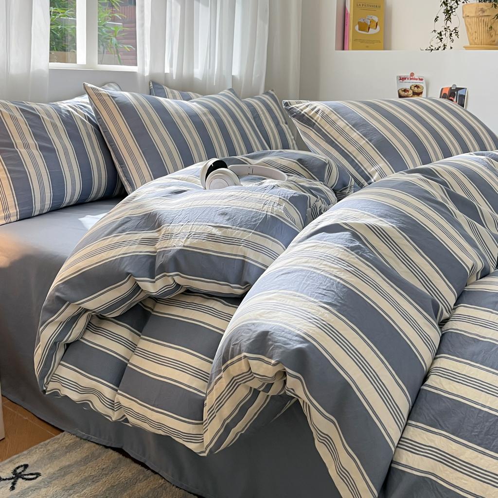 3/4 Pcs Blue Checkered Bedding Set Simple Style Soft Skin Friendly Duvet Cover Flat Sheet and Pillowcases Single Double Bed Sets