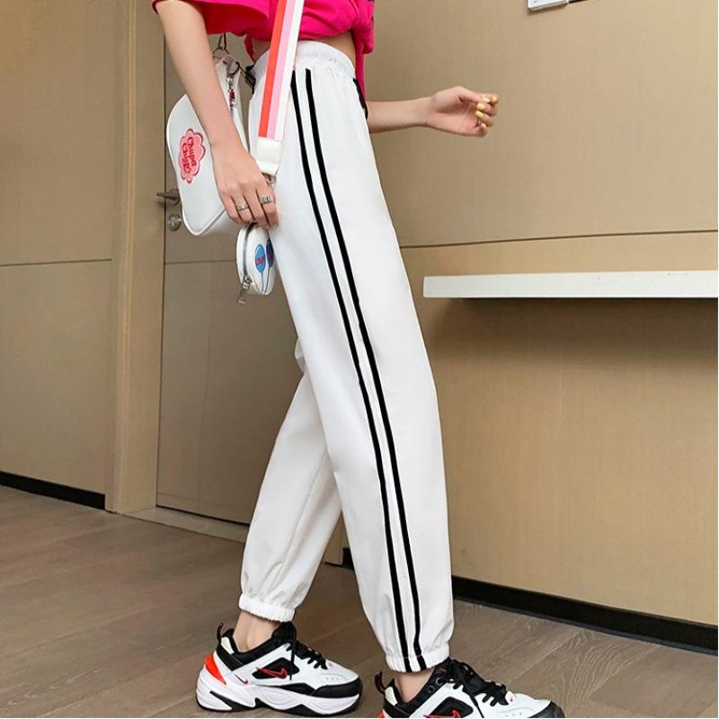 

Women s Ice Silk Nine-Point Sports Pants: Summer Thin, Striped, Loose, Cuffed, Anti-Mosquito, Cool, Trendy Casual Wear 3XL чорний
