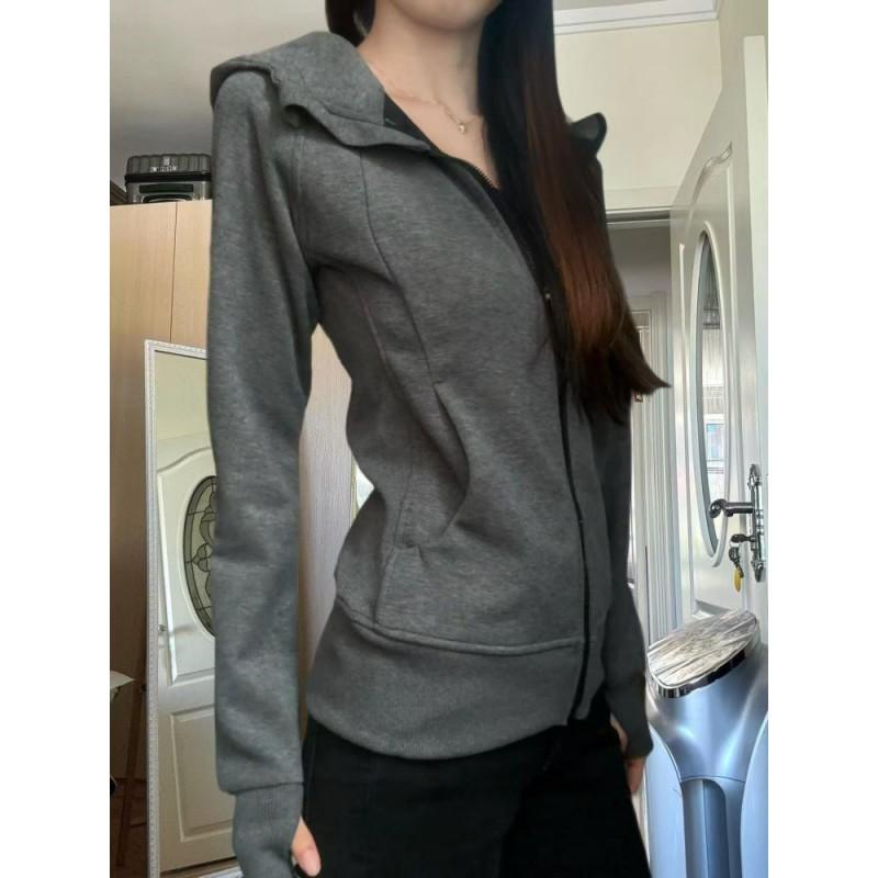 Womens Slim Fit Cropped Hooded Zip-Up Sweatshirt Short Sleeveless Top Korean Style Casual Lightweight Cotton Blend