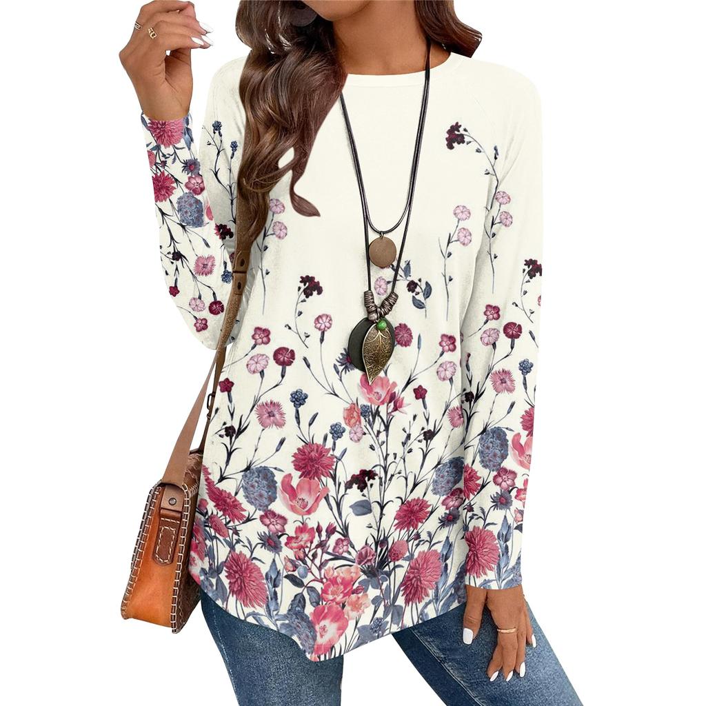 Women's Casual Plus SizeLong Sleeved Round Neck Vintage Ethnic Printing T-shirt Top Pullover
