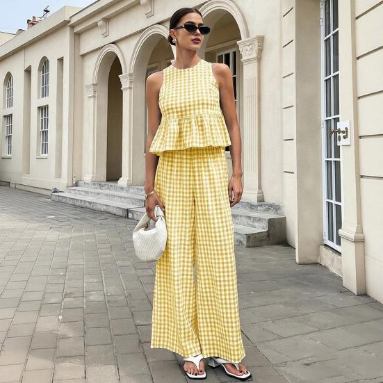 Damen Trägertop Hose Zweiteiliges Set Sommer Kariert Ärmellos Rüschen T-Shirt Weite Hosen Locker Lässig O-Ausschnitt Shirt Elastischer Bund