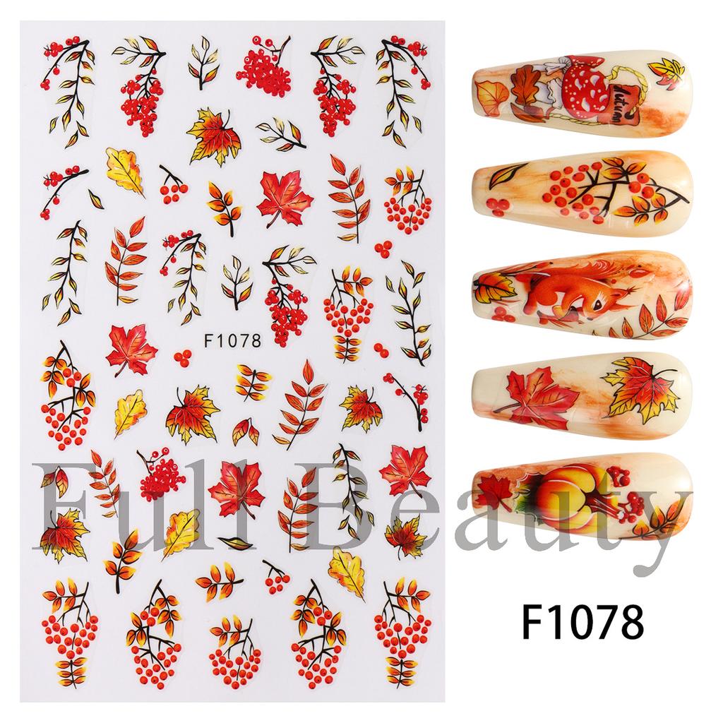 Nail Art Stickers Autumn Thanksgiving Maple Leaf Harvest Mushroom Hazelnut Honey Yellow Leaf Nail Stickers