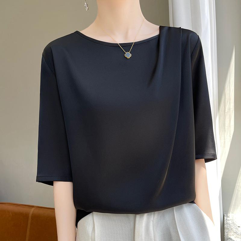 

Жіночий атласний топ з коротким рукавом - Літня футболка преміум-класу L чорний