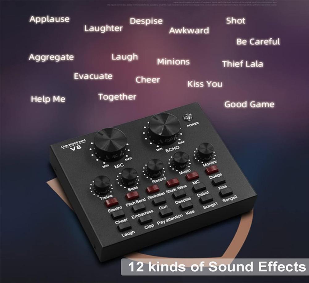 כרטיס קול V8 לשידור חי KTV, כרטיס קול כפול לטלפון נייד, מתאים לטלפון נייד, מחשב, כרטיס קול חיצוני (לבן שחור)