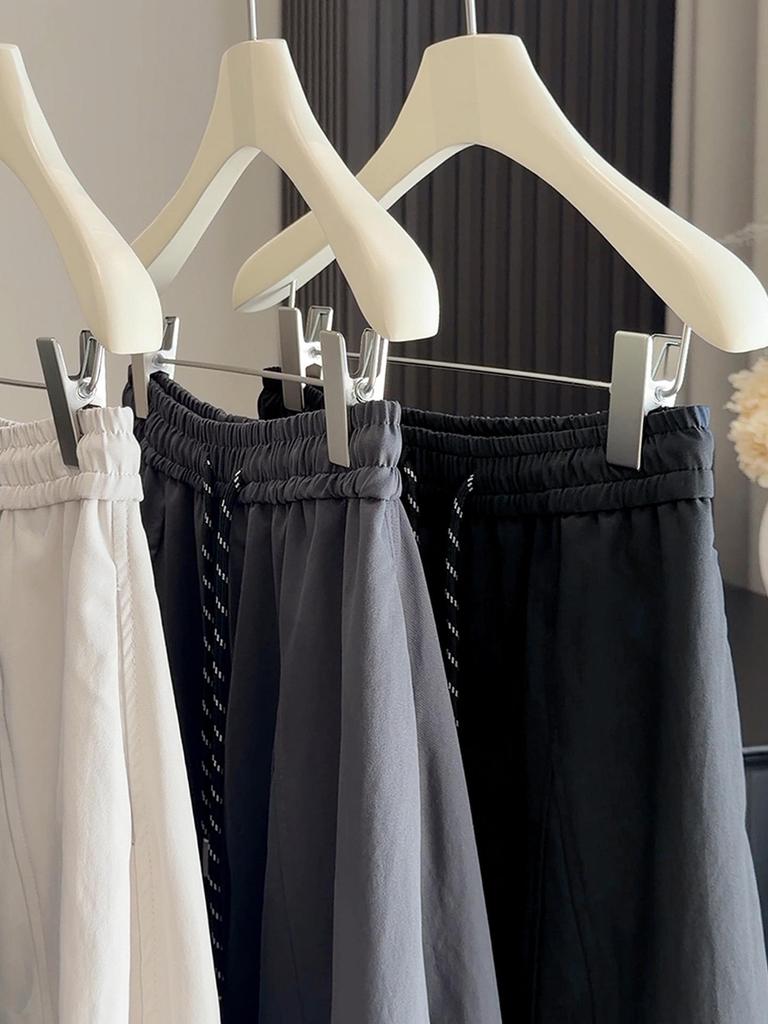 Women's A-line High-Waisted Cargo Midi Skirt, Spring/Autumn Style, Elastic Drawstring Waist, Slimming Fit for Pear-Shaped Figures