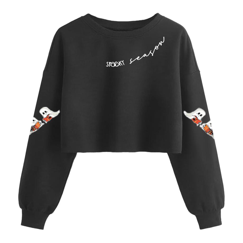 Women's Fashion Halloween Printed Navel-Exposed Long Sleeve Pullover Sweatshirt