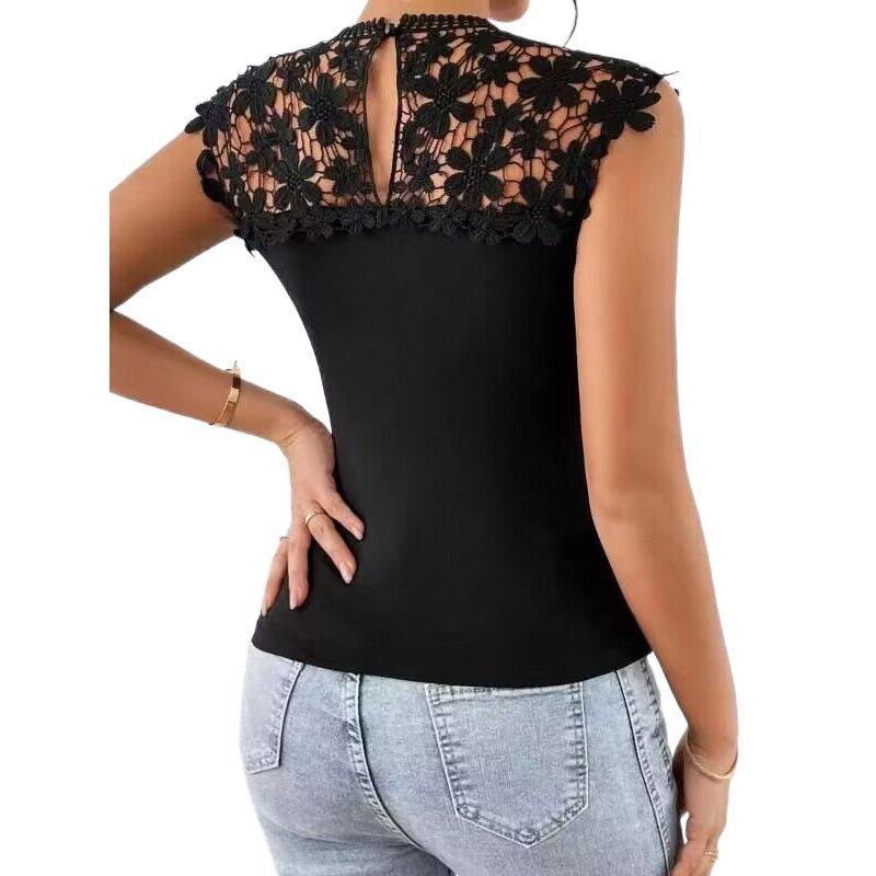 Summer Sleeveless Black Lace Blouse Women O Neck Hollow Out Slim Fit Elegant Shirt Female Lace Splicing T-shirt Casual Fashion Tops 541