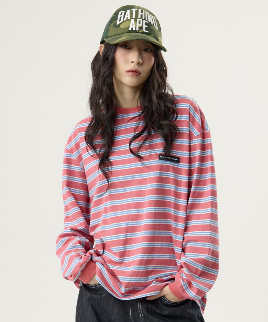 UNKNOWN PLANET Ivy Stripe Round Long Sleeve T-Shirt Pink