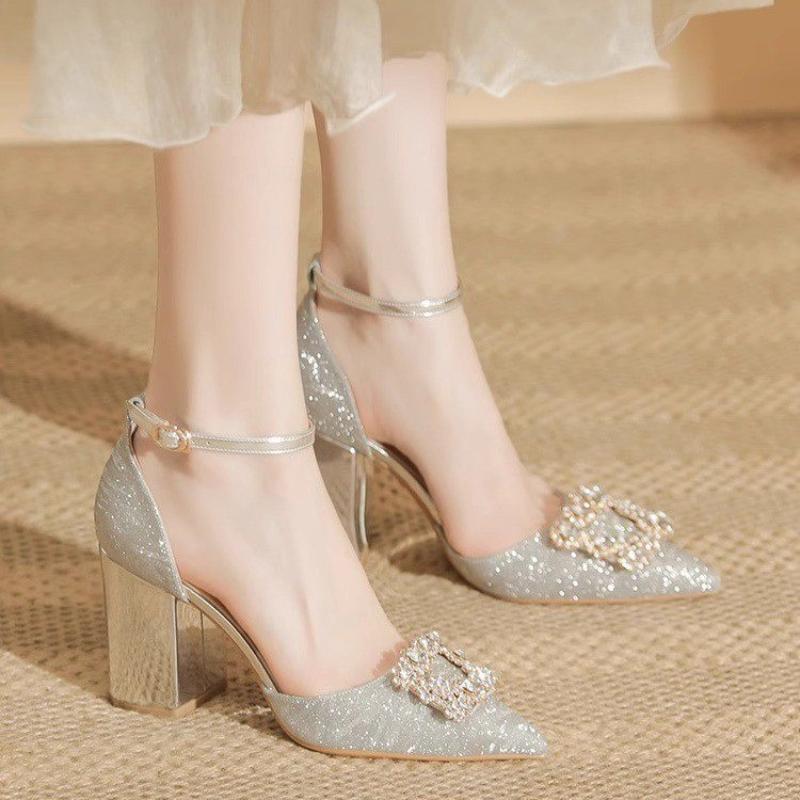 Fashion Women's Block Heel Sandals Summer New Pointed Toe Shallow Slip Rhinestone Square Buckle Strap Bag Heel Pump