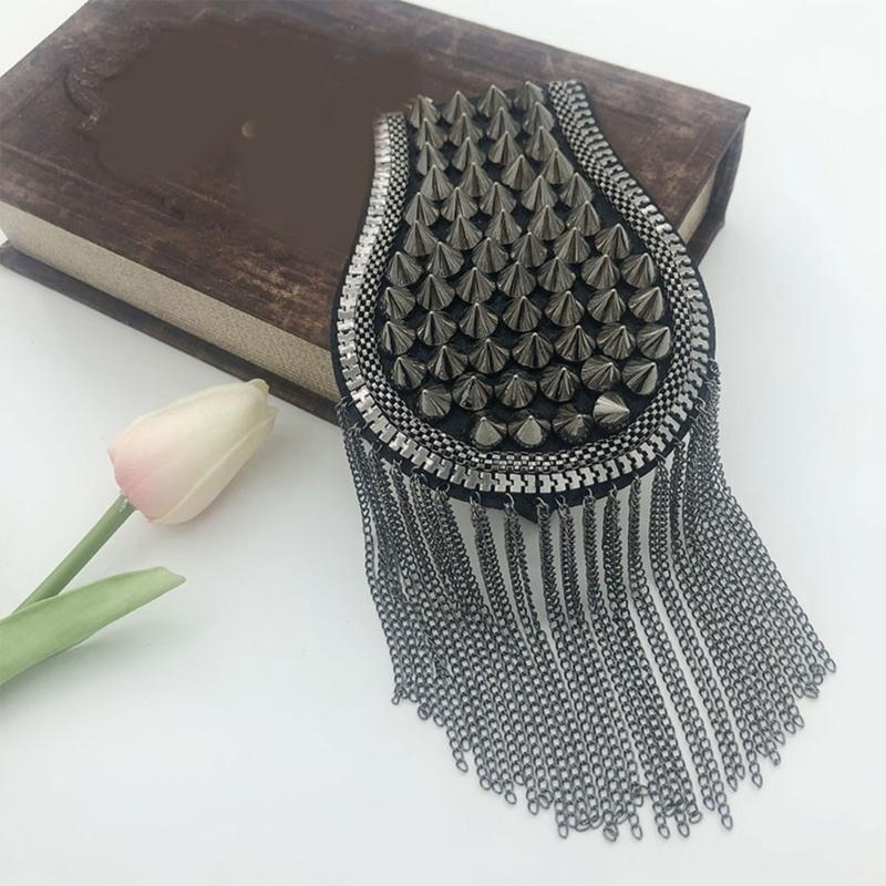 Sew-On Epaulette Shoulder Bar Accessory with Rivet Studs and Layered Metal Chain for Punk Theme Clothing Enhancement
