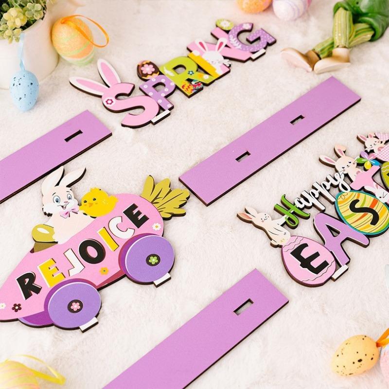 1PC Easter Ornament Rabbit Ornament Purple Wood Letter Decorative Egg Tabletop Ornament