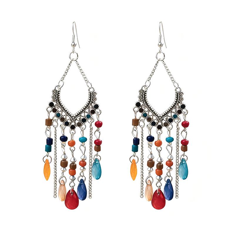 Bohemian Crystal Tassel Earrings - Ethnic Style, Slim Face, Exaggerated Design for Travel