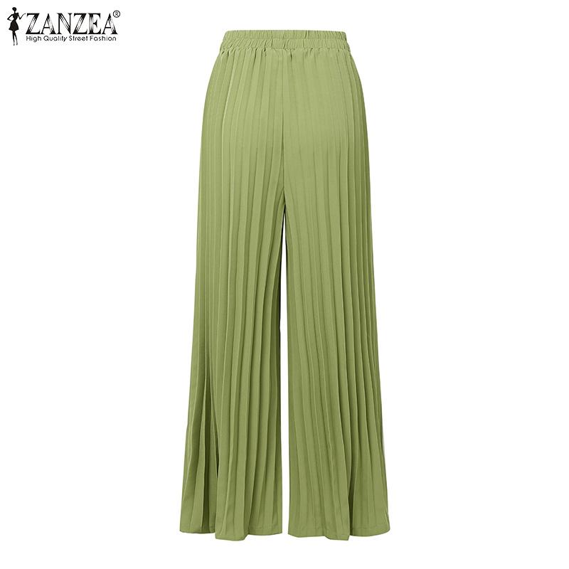 ZANZEA Womens Casual Solid Color Loose Wide Leg Pleated Pants