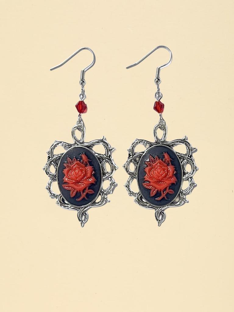 Gothic Silver Color Oval-shaped Thorny Frame Red Rose Flower Relief Dangle Earrings for Women Halloween Party Punk Jewelry Gifts