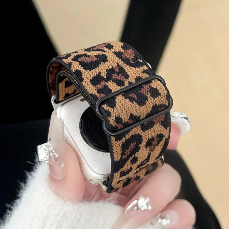 Leopard Nylon Strap for Apple Watch Band Ultra 2 49mm 46 45 44 42 41 40 38mm Elastic Bracelet iWatch Series 10 9 8 7 SE 6 5 4 3