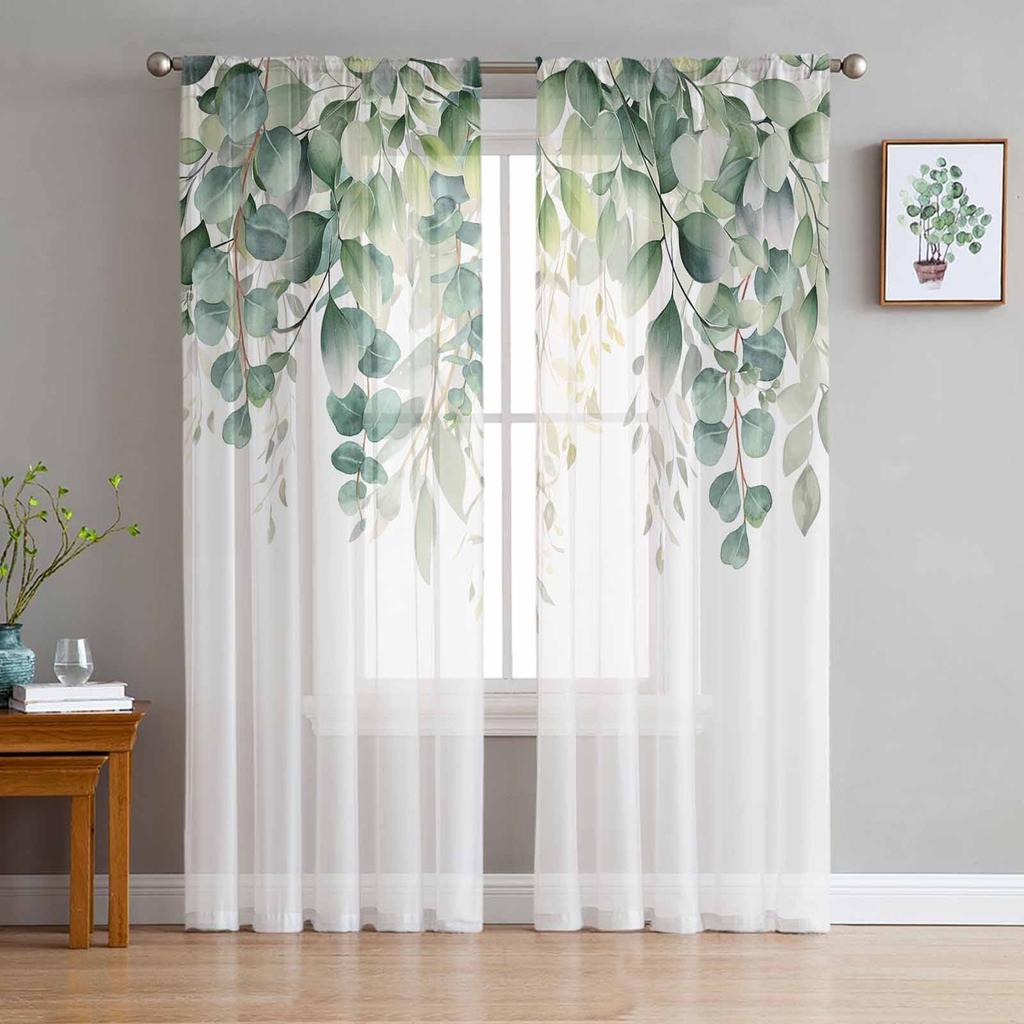 Spring Watercolor Plant Eucalyptus Leaves Tulle Curtains Living Room Kitchen Window Decoration Chiffon Voile Sheer Curtain