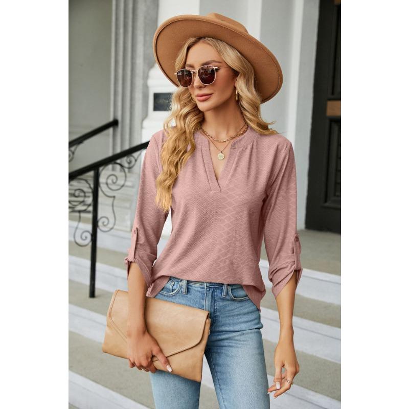 Damen Unifarben V-Ausschnitt Dreiviertelarm Locker Lässig T-Shirt Top