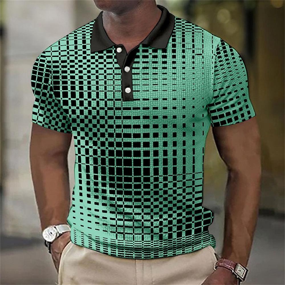 Men's 3D Plaid Print Casual Loose Short Sleeve Polo Shirt