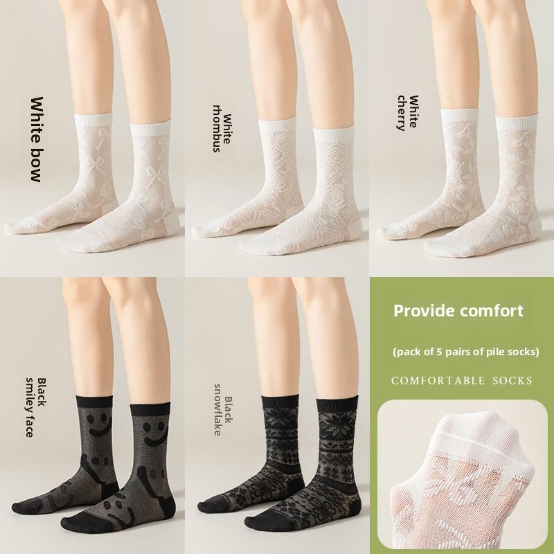 5 Pairs of Women s Summer Thin Cotton Antibacterial Mesh Breathable Bow Mid Tube Pile Socks 5 Pairs
