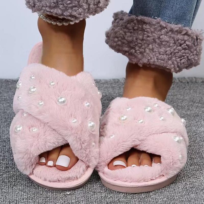 Fashion Pearls Detor Plush Slippers for Women Fashion Cross Strap House Furry Slippers Woman Slip On Faux Fur Cotton Slides Mujer