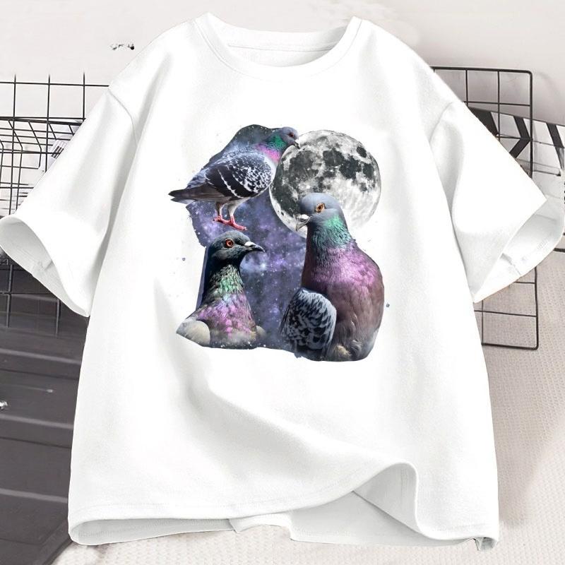 Tre T-shirt Grafiche Retrò con Piccioni T-shirt Piccione Luna Maglietta Uccello Oversize Unisex Donna Cotone Stampato Manica Corta Abbigliamento Top