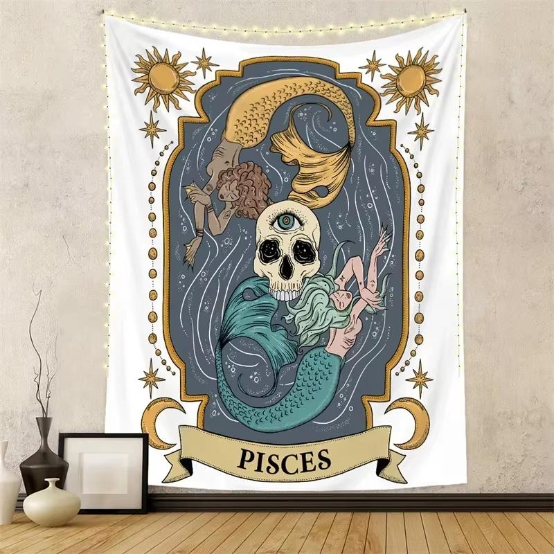 Twelve Constellations Wall Tapestry Hanging Tarot Hippie Wall Rugs Moon Sun Wall Art Decor Background Cloth Mandala Home Decor