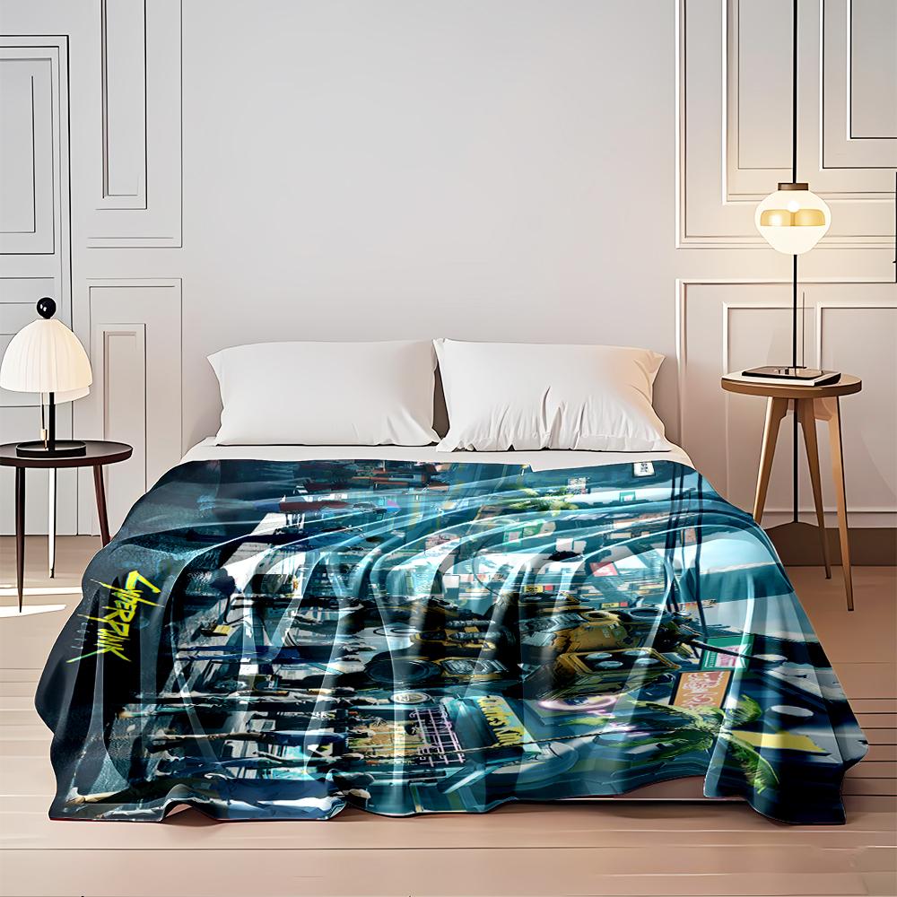 "Cyberpunk Robot in Futuristic City Scene Flannel blanket for bedroom, living room, sofa, and nap sofas"