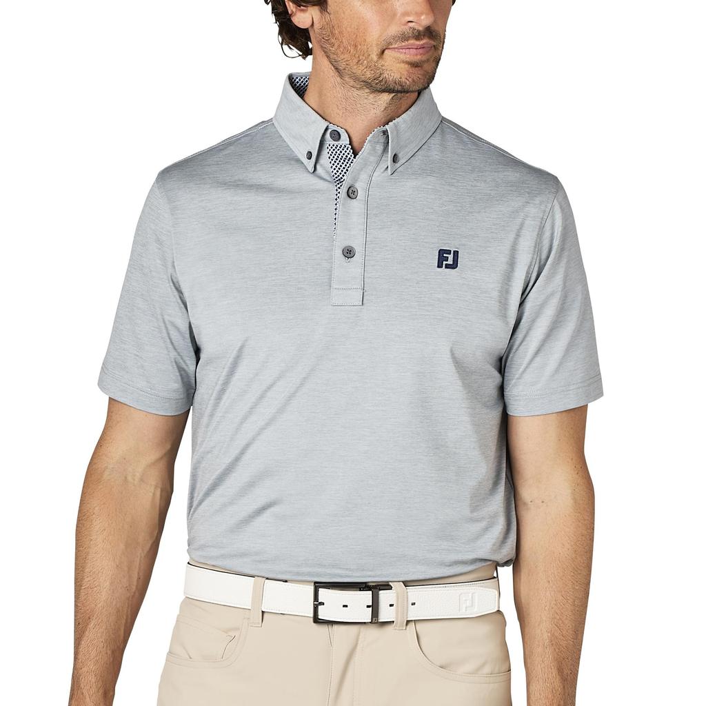 FootJoy Men's Heather Print Short Sleeve Button-Down Golf Shirt, Gray, Size L (FJ-S25-S17, 34540-L)