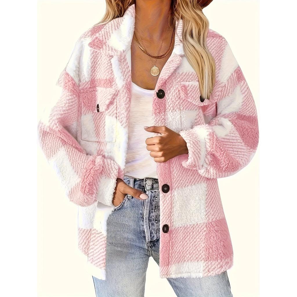 Ladies' Plush Fleece Winter Coat - Grid High Stretch Coat, Middle Eastern Elegant Collection, Machine Washable for Autumn and Winter
