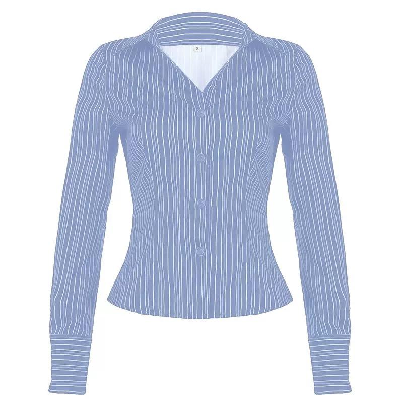 Fashion Chic Black Stripe Women Blouse Slim Long Sleeve Shirt Top Buttons-Up Casual Y2K Cardigan Retro