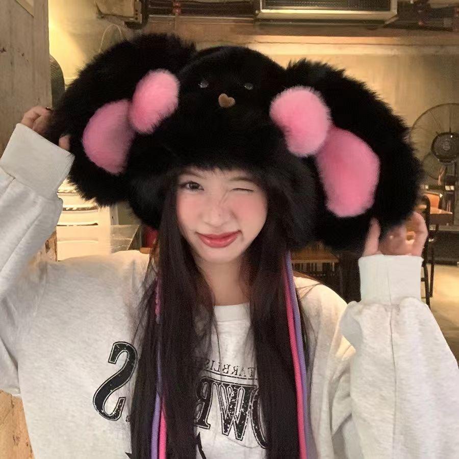 

Winter new plush children thickened face little cute rabbit cold warm ear hat чорний