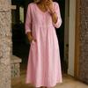 Abito midi da donna a maniche lunghe con bottoni in lino, vestibilità ampia, scollo a V, casual, tinta unita, con tasche, per uso quotidiano