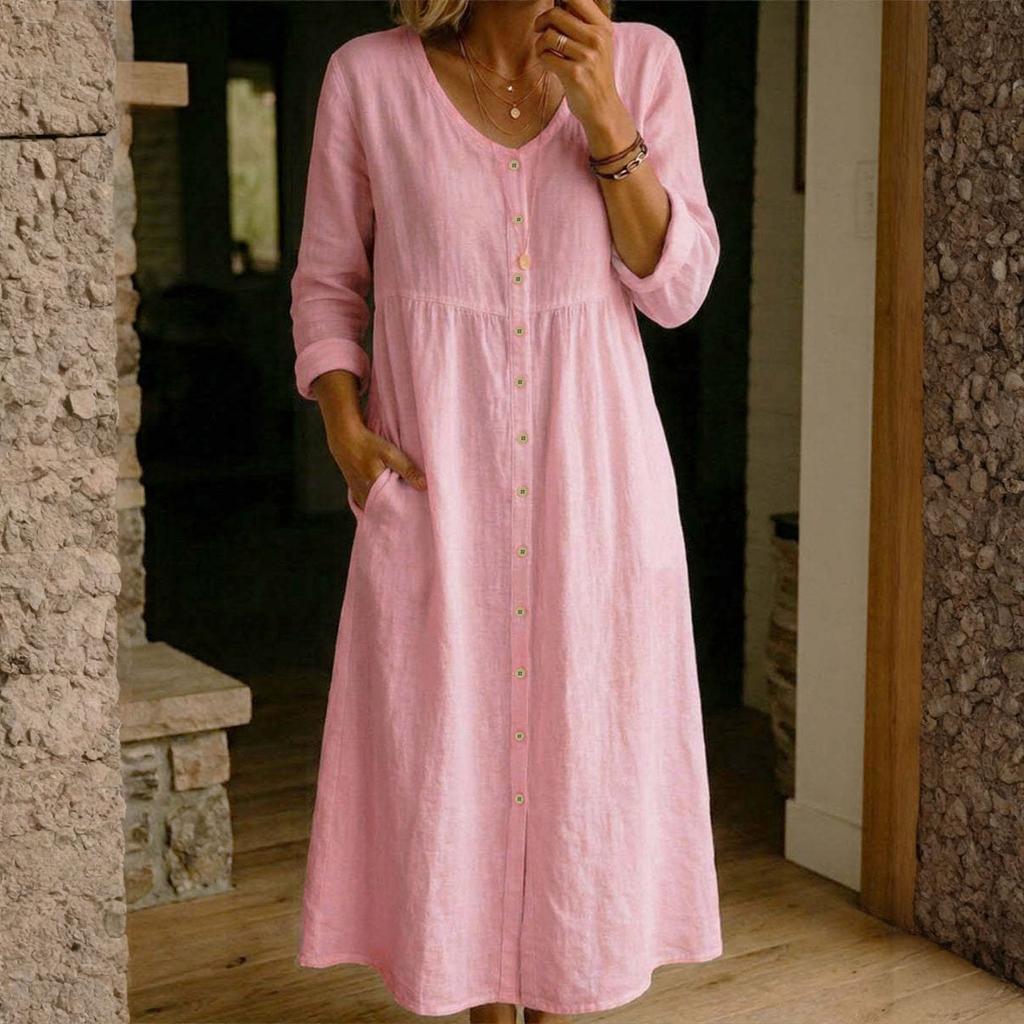 Abito midi da donna a maniche lunghe con bottoni in lino, vestibilità ampia, scollo a V, casual, tinta unita, con tasche, per uso quotidiano