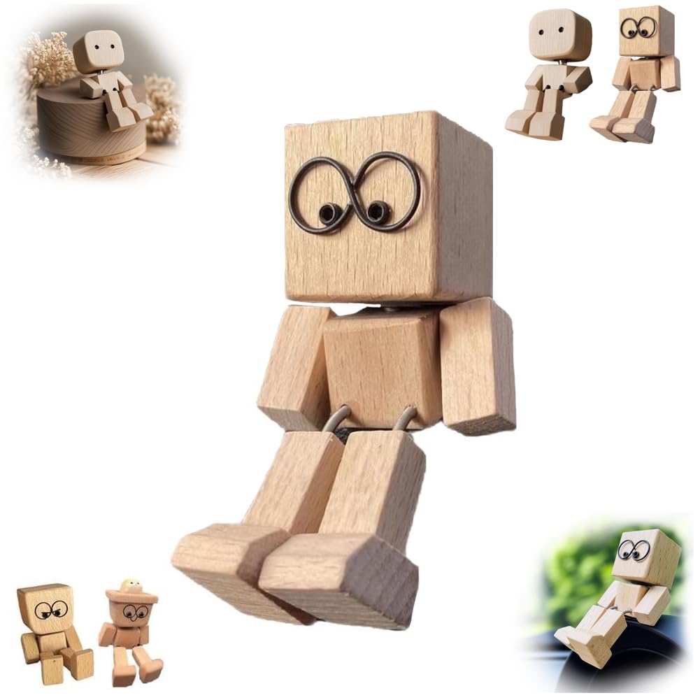 Wooden Man Figurine Shaking Wooden Man Figure Decoration Desktop Dashboard Funny Sculpture Ornament for Family Outings Road Trip