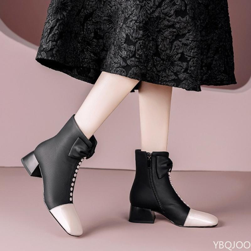 winter Thick heeled square toe side zipper short boots with butterfly bow anti slip warm temperament versatile women's shoes
