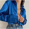 Damen 2023 Elegant Satin Einfarbig Langarm Blusen Damen Chic Vintage Blau Grün Lässig Locker Sitzend Knöpfe Hemden Oberteile