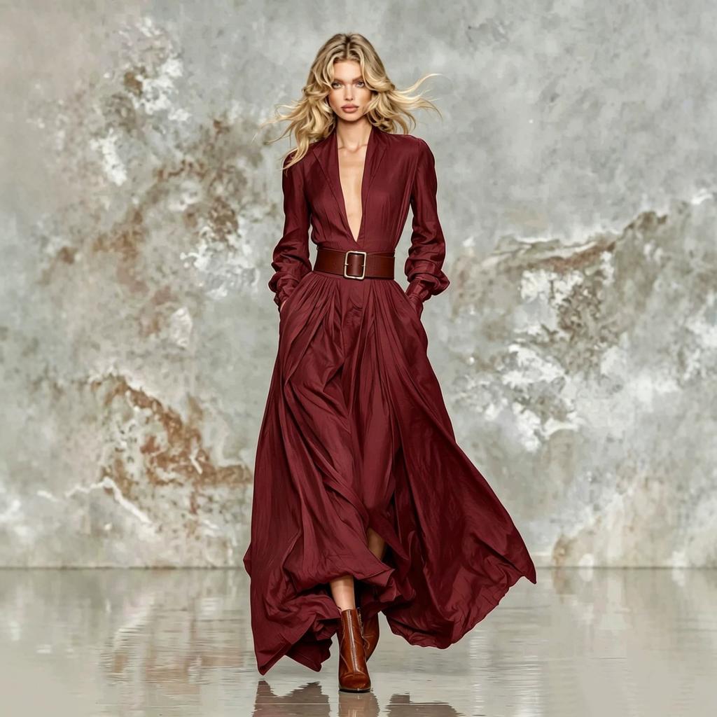 Abito Lungo Estivo Elegante Bohemien da Donna con Scollo a Revers, Maniche Lunghe, Vita Media, Monocolore, Linea ad A