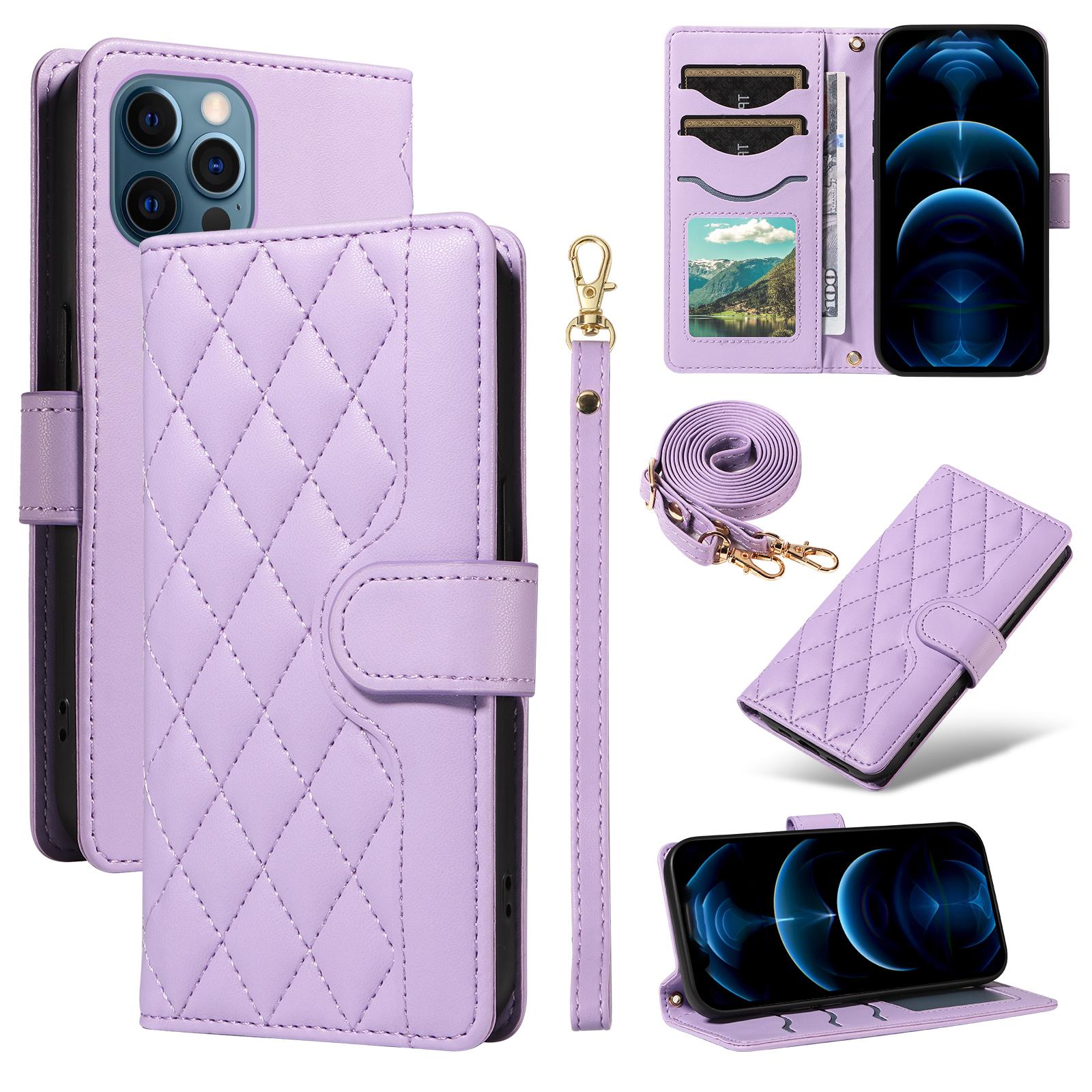 

For iPhone 13 Pro Max Case Rhombus Leather Crossbody Wallet Phone Cover Light Purple