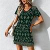 Summer Fashion Women's V Neck Short Sleeve Retro Geometric Pattern Printed  Dress Sex Short Skirt Dresses