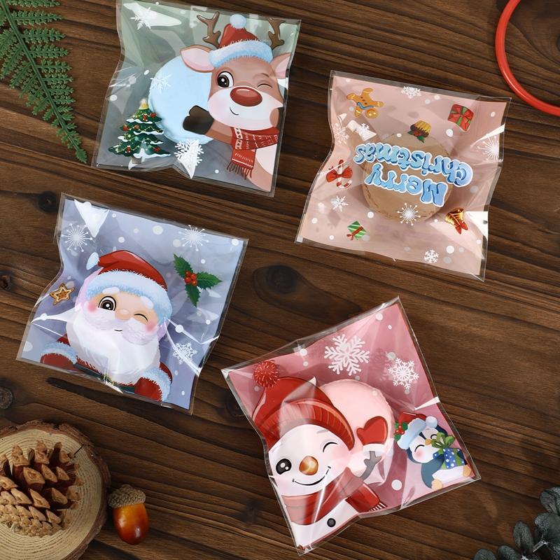 100Pcs Christmas Candy Cookie Gift Bags Self-adhesive Biscuits Snack Packaging Bags Xmas Party Decor Favors Plastic
