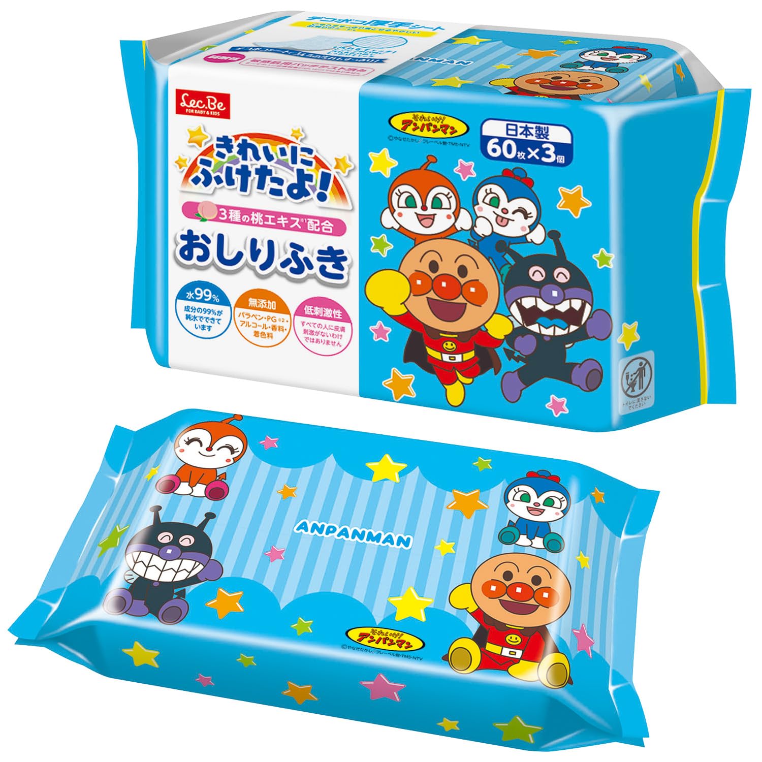 

LEC Anpanman Pure Water Baby Thick Sheets sheets x 3 Made in Contains 3 Types of Peach Extract 99% Wipes, Bumpy, (60 packs), Japan, Hypoallergenic,